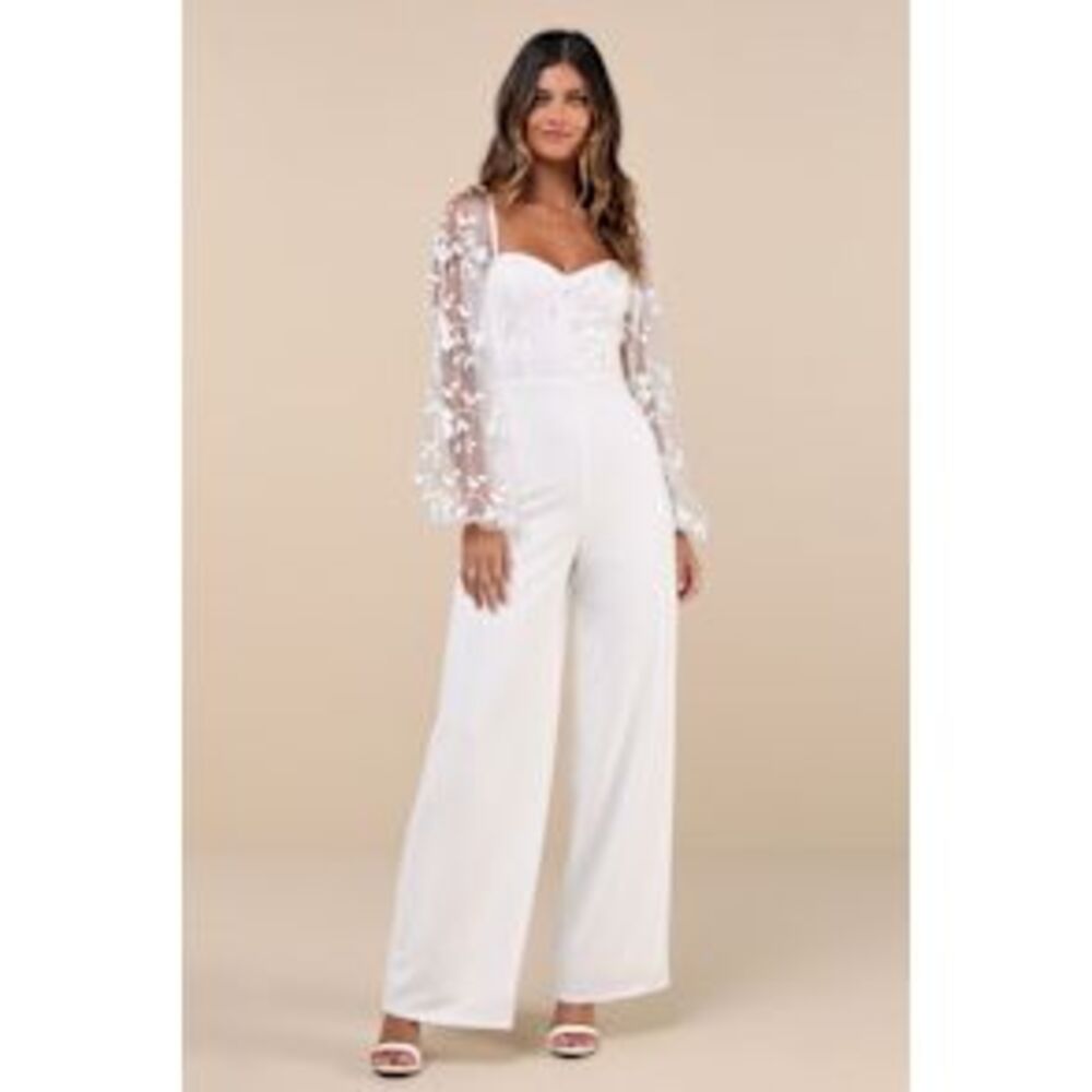 Lulu's White Strapless Wide-Leg Jumpsuit with Sheer Floral Sleeves